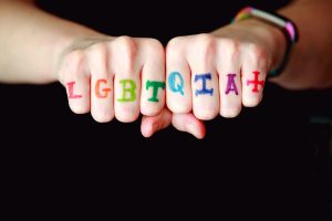 Left and right hand fists next to each other, knuckles towards us, LGBTQIA+ painted in rainbow colours on the fingers.