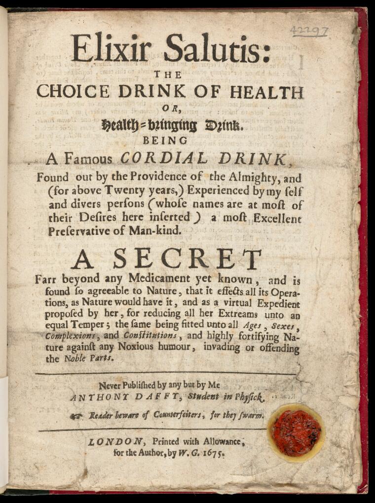 Advert for Elixir salutis: the choice drink of health or, health-bringing drink.