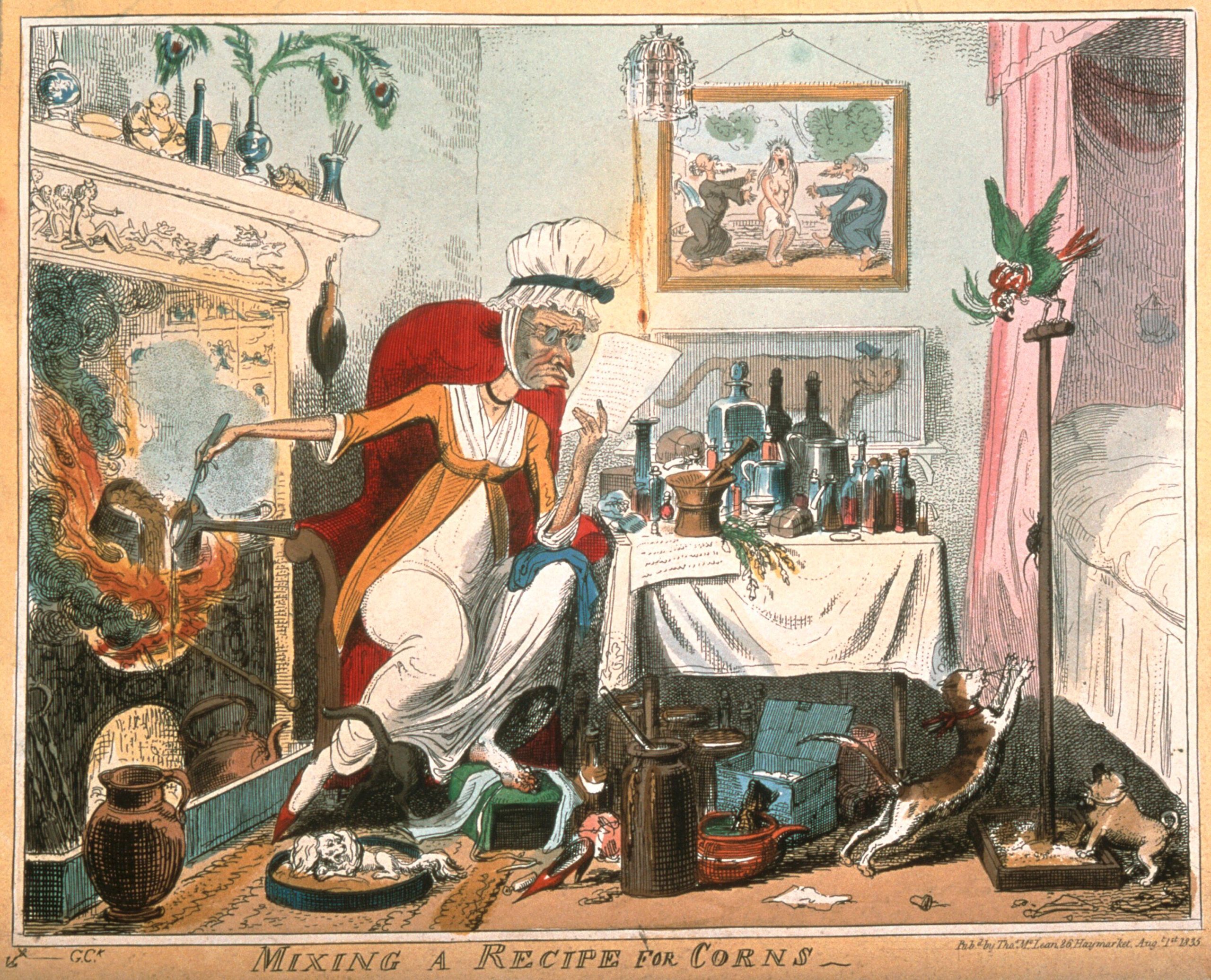 Licence: Public Domain Mark

Credit: A haggard old woman carelessly mixing a recipe for corns on the fire in her sordid bedroom. Etching by G. Cruikshank, 1819, after Captain F. Marryat.

Wellcome Collection.