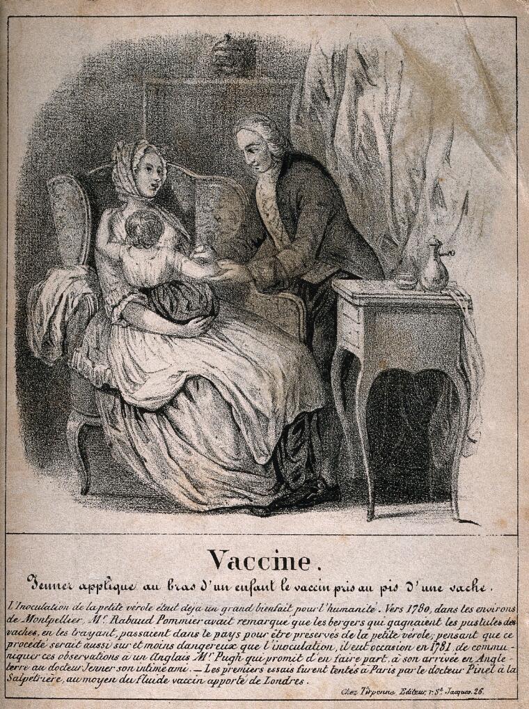 Edward Jenner vaccinates a young child on its mother's lap: prosperous domestic interior.