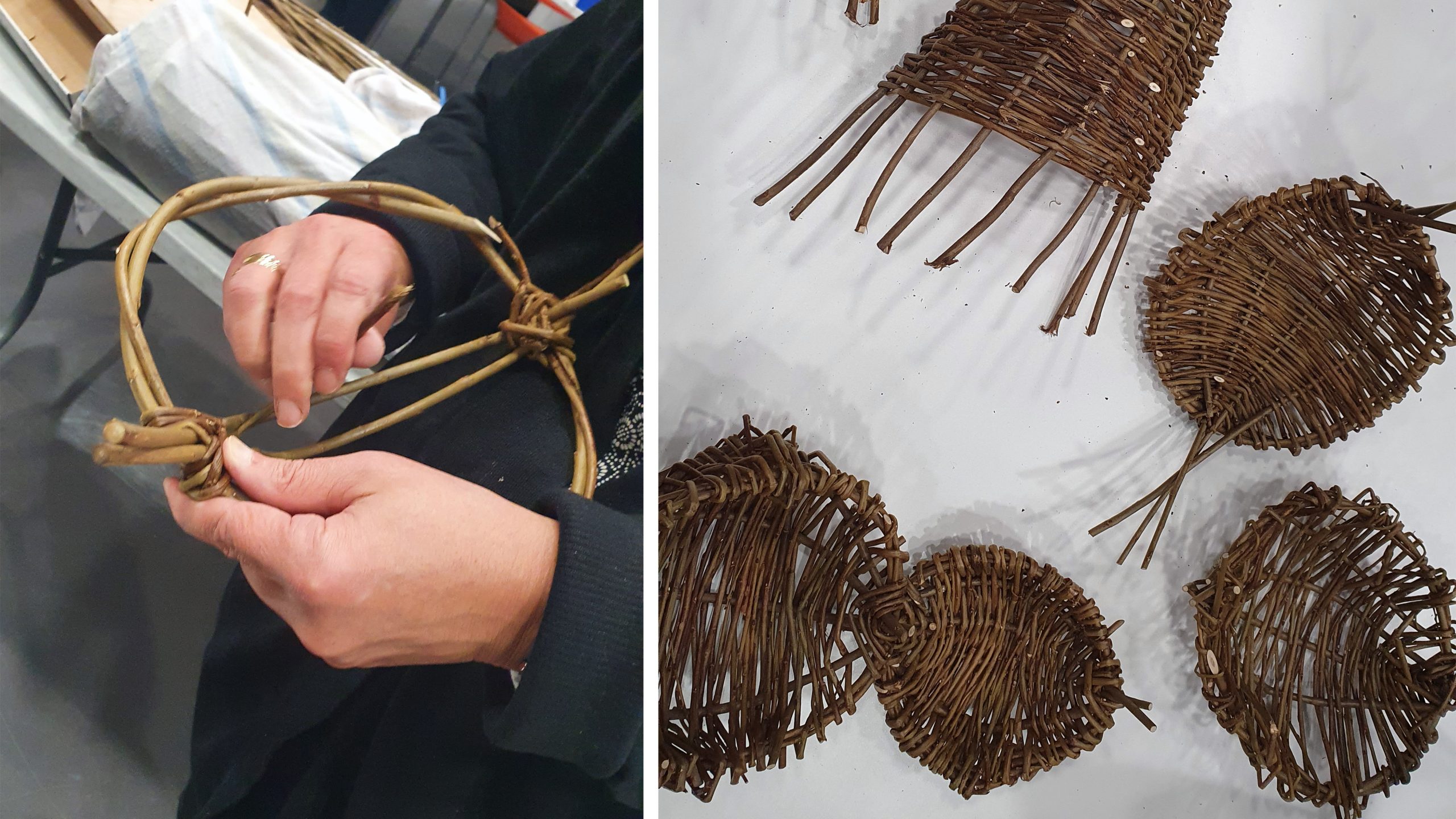on the left: a person weaving a basket during a workshop. On the right willow structures on a table