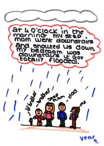 drawing of family with quote in bubble above their heads. The quotes says "at 4 o'clock in the morning my step mom went downstairs and shouted us down. my bedroom was downstairs it got totally flooded".