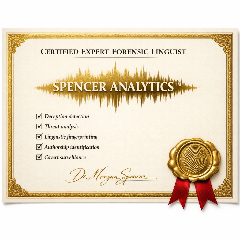 a product photo of a large degree certificate on rich, thick, cream coloured paper. in the middle, the words SPENCER ANALYTICS™ are written over a gold spectrogram. above the spectrogram are the words, "CERTIFIED EXPERT FORENSIC LINGUIST". underneath are ticked bullet points beneath saying "deception detection", "threat analysis", "linguistic fingerprinting", "authorship identification", and "covert surveillance". the certificate is elaborately signed in gold ink by Dr. Morgan Spencer. the bottom right of the certificate has a lush gold wax seal with red ribbons, with a stylised fingerprint stamped into it. the certificate has a rich gilt border. the background is studio white