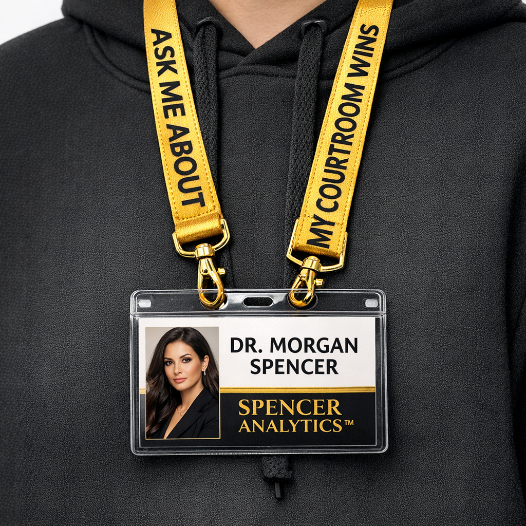close-up product photo of a lush gold conference lanyard with "ASK ME ABOUT" written down one side, and "MY COURTROOM WINS" written up the other side. the name card is for DR. MORGAN SPENCER, with SPENCER ANALYTICS™ in gilt writing underneath, and a small photo of a glamorous lawyer with long dark hair. the model is in a hoodie. the background is studio white.