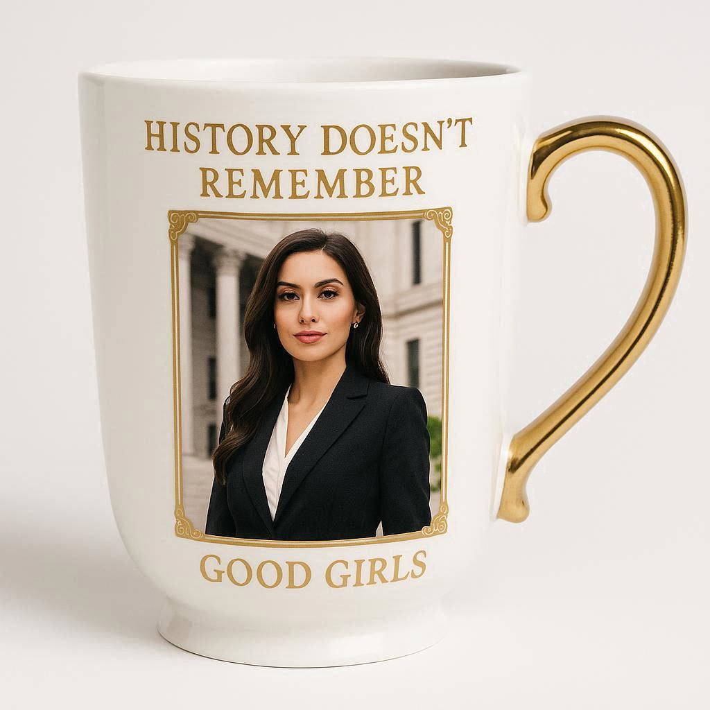 product photo of a gift mug that says HISTORY DOESN'T REMEMBER at the top, and GOOD GIRLS at the bottom in gilt writing. in the middle is a professional portrait photo of a glamorous, beautiful lawyer with long dark hair posing outside court. the picture has a gilt border. the mug is oversized with a fancy handle. the background is studio white.