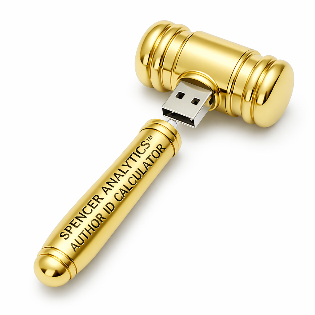 product photo of a gold gavel with the head unscrewed to reveal that it is a USB drive. the handle reads SPENCER ANALYTICS and AUTHOR ID CALCULATOR in embossed writing. the background is studio white