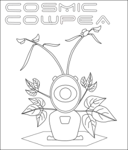 Black and white drawing of a cowpea plant with space helmet. 