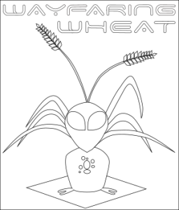 Black and white drawing of a wheat plant with space helmet. 