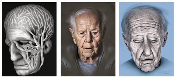 Three AI-generated image examples of close-up head shots of people's faces. The first image is in full greyscale and also shows the brain of the person as well as their facial features. The second image exemplifies the use of shadows/darkness with an older man looking down and the third uses a partial (blue oriented) colour palette when representing the individual as very pale, with his eyes closed.