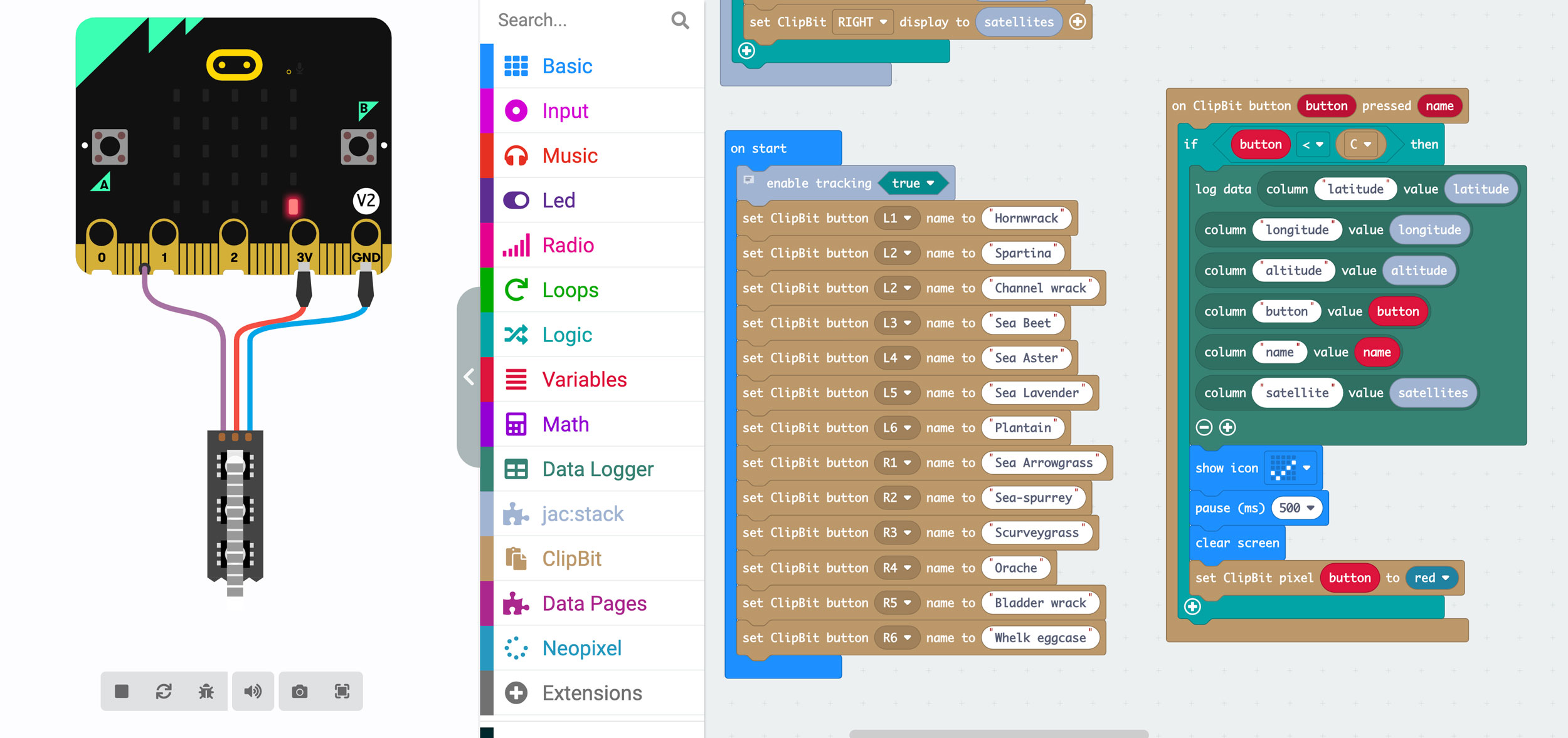 Screenshot showing MakeCode interface and example clip:bit code