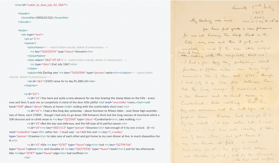 Image of a sample XML transcription of Ruskin’s letter to Joan, 2 July 1867