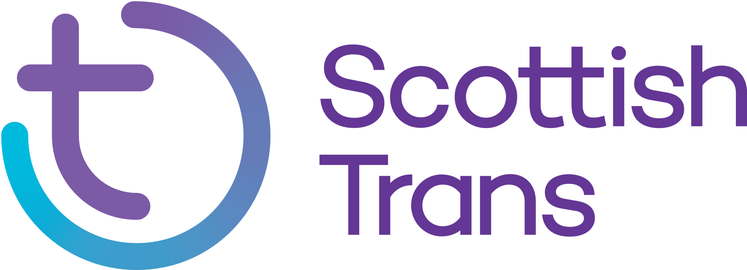 Scottish Trans written in purple text, purple t on the left of the text. Logo.