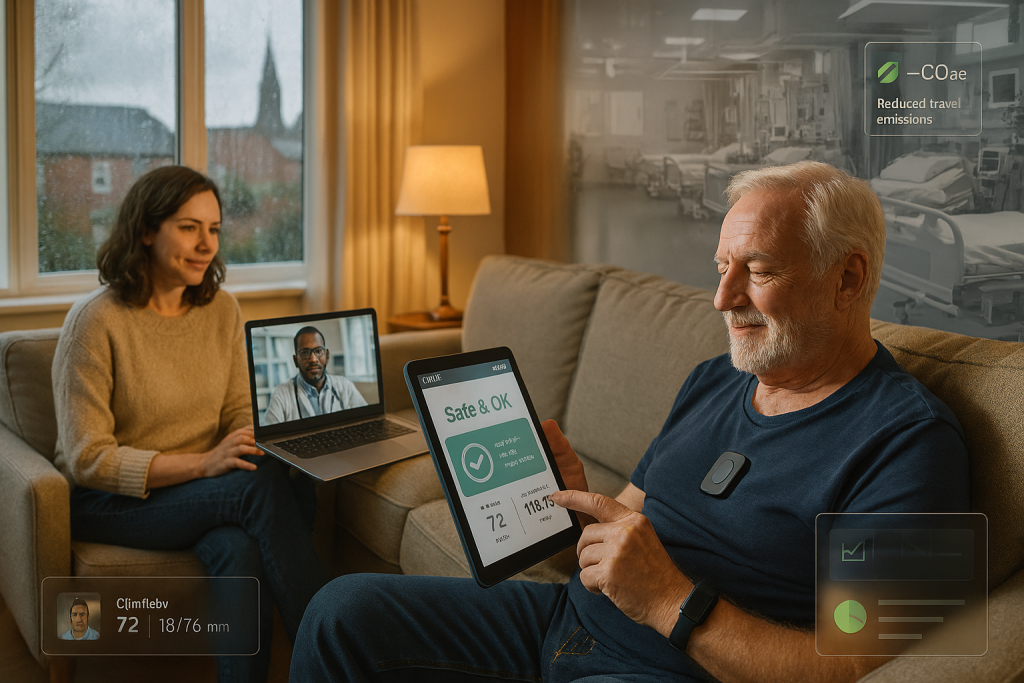 Male patient at home holding tablet with female healthcare professional holding laptop which is in a virtual call with a doctor
