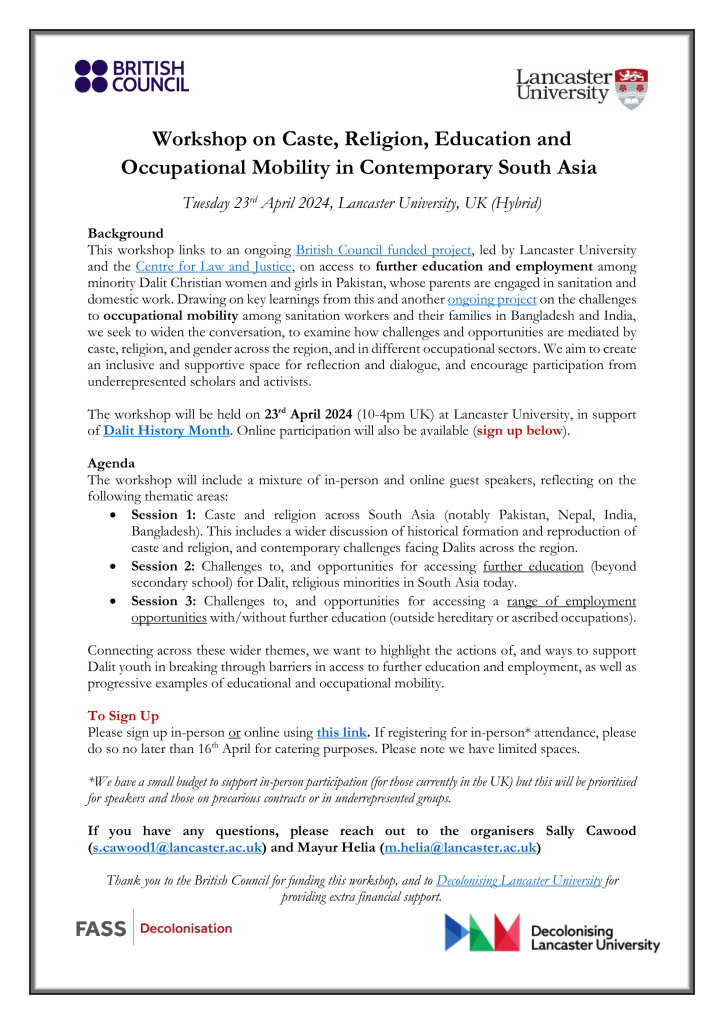Workshop on Caste, Religion, Education and Occupational Mobility in Contemporary South Asia