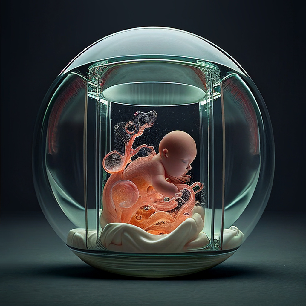 A fetus in a glass bubble.