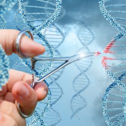 A hand holding a pair of scissor cutting a DNA sequence.