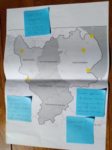 A map of the midlands with post it notes