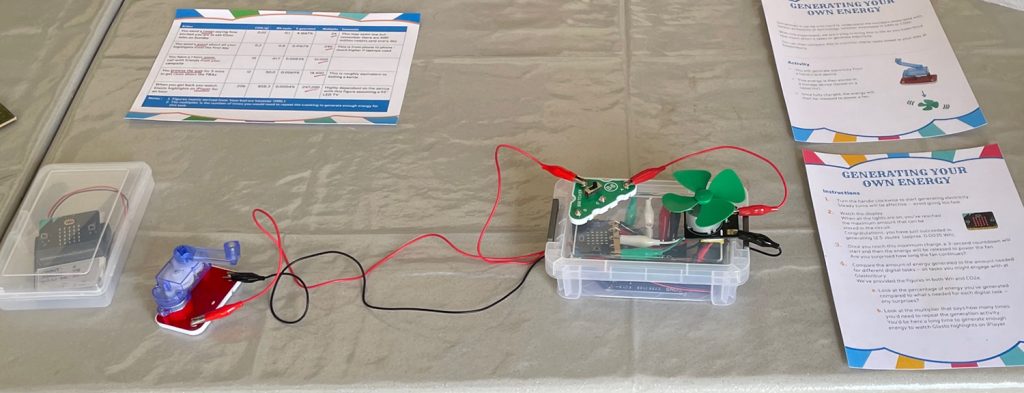 photograph of the energy generator demonstrator used on the stall comprising of a hand crank, connected to Micro:bit components and a fan