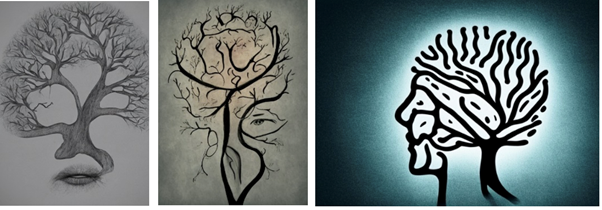 Shows three images of human faces depicted as if they are trees. More specifically, the images depict a bare tree, without leaves, which is clearly associated with the person themselves through the shaping of the tree’s branches such that they resemble the silhouette of a human head. Branches can also be shaped so that they resemble certain facial features, such as lips, an eye or nose, to visually merge the tree with the face of someone living with dementia. 