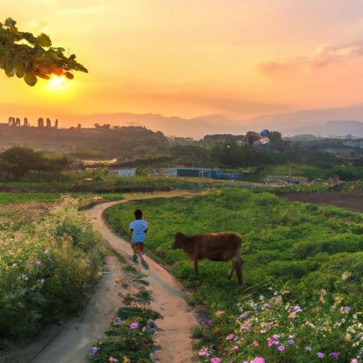 Image shows a child walking along a path in the countryside past a buffalo during sunset.