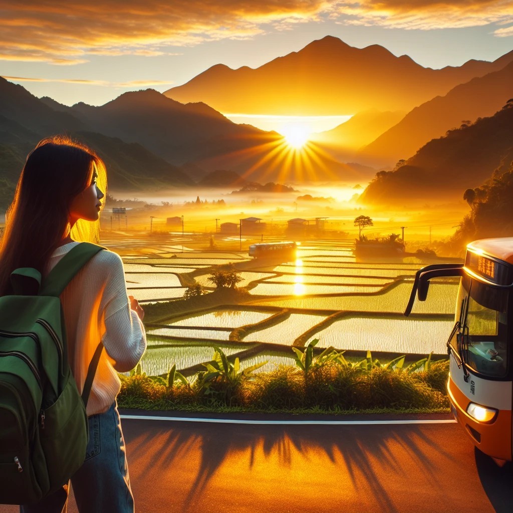 Image shows a young woman at a bus stop looking at a valley during sun rise.