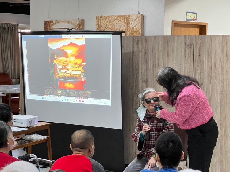 Image shows a workshop participant talking to the audience alongside on of the AI-generated images.