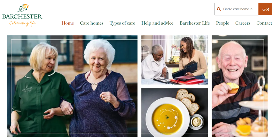 Image shows Barchester's opening homepage with the slogan 'Celebrating life'. Four images are shown, one of a resident linking arms with a staff member on a walk outside, one of a man eating cake during afternoon tea, one of a soup, and one of a woman looking at photo albums with a visitor.